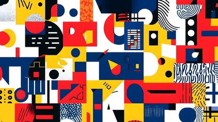 Obraz premium Vibrant Geometric Abstract Collage with Playful Bauhaus-Inspired Doodle Patterns and Crisp Digital