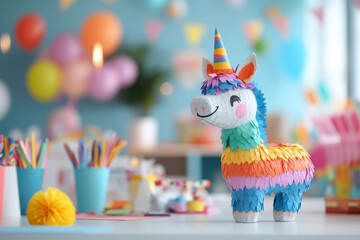 Pastel colored unicorn pinata on a decorated table surrounded by party supplies, balloons, and banners