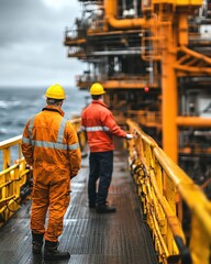 Workers in safety gear inspecting equipment on an offshore oil rig platform during an overcast day at sea.