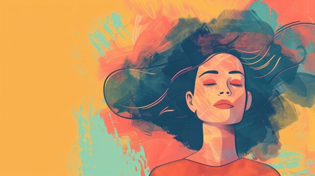 watercolor illustration, vintage postcard, Stress Awareness Day, portrait of a thoughtful girl with long flowing hair, closed eyes, orange background, copy space, free space for text - Powered by Adobe