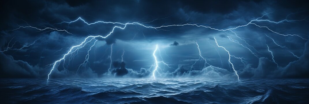 A powerful thunderstorm unleashing lightning over a dark ocean at night - Powered by Adobe