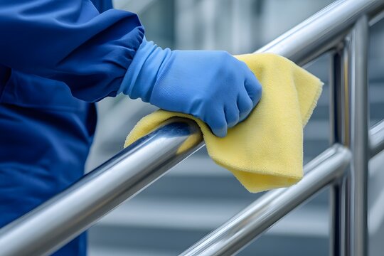 Comprehensive Person Cleaning Hospital Railing with Gloves for Effective Coronavirus Disinfection and Sanitation