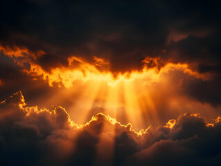 Golden Hour Sunbeams Through Dark Clouds Photo