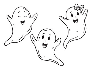 Set of three happy vector illustrations of ghost with bow, hands up in black isolated on white. Hand drawn vector sketch illustration in doodle engraved vintage line art style. Happy halloween