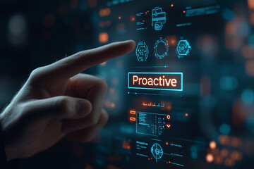 Professional selecting a virtual checkbox labeled "Proactive" on a digital screen, emphasizing forward-thinking problem-solving approaches. Soft ambient lighting, modern office wit