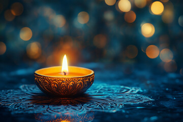 Diwali background with a beautiful candle glowing on a dark blue and yellow color, mandala pattern bokeh lights,space for text on the right. The traditional Indian festival of light concep