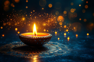 Diwali background with a beautiful candle glowing on a dark blue and yellow color, mandala pattern bokeh lights, and space for text. The traditional Indian festival of light concep