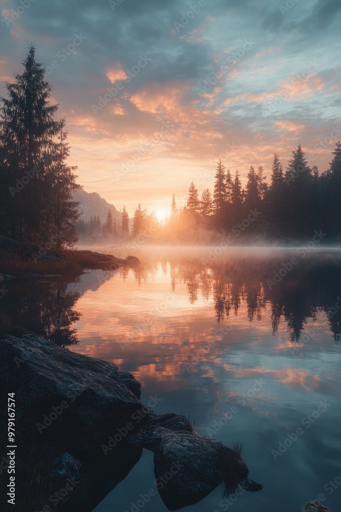 Poster Sunset over a calm lake