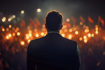 Political candidate speaking at nighttime rally with crowd holding lights