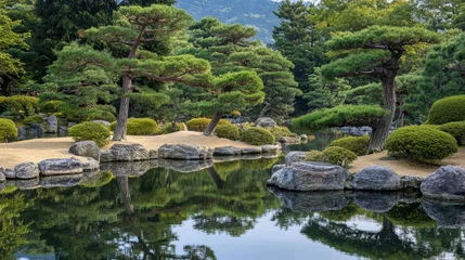 Tuinposter  A calming scene of a Zen garden with curved pine trees, their form reflecting strength and serenity in nature.  © 69
