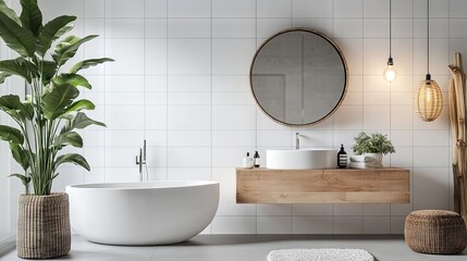 A modern minimalist bathroom with wooden accents, white tiles, a large mirror, and cozy lighting