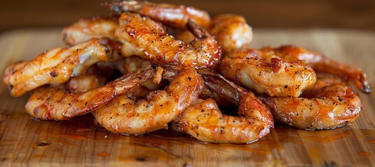 Delicious barbecued crispy tiger prawns with shell served. Closeup on a wooden serving board.