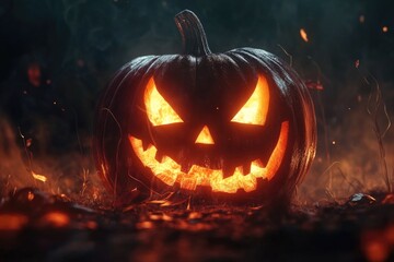 Fototapeta premium Halloween pumpkin with glowing eyes