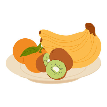 recommend clip art: Fruit plate, bowl. Banana, kiwi, oranges on a dish. Tropical mixture of healthy food served on a tray, plate.