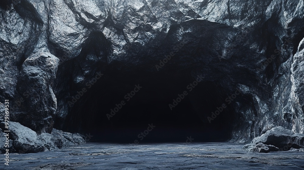 Sticker 3D Rendered Dark Cave Entrance with Gray Rocks - Digital Art, Nature, Landscape, Cave, Rock Formation, 3D Illustration, Unreal Engine 