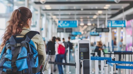Border control officer scanning passport with electronic reader at airport security checkpoint. Traveler waiting nervously. Modern terminal interior showcases high-tech security procedures and interna