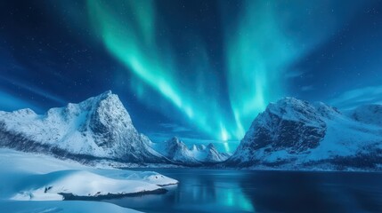 Fototapeta premium Northern Lights Aurora Borealis Display Over Snowy Mountain Landscape