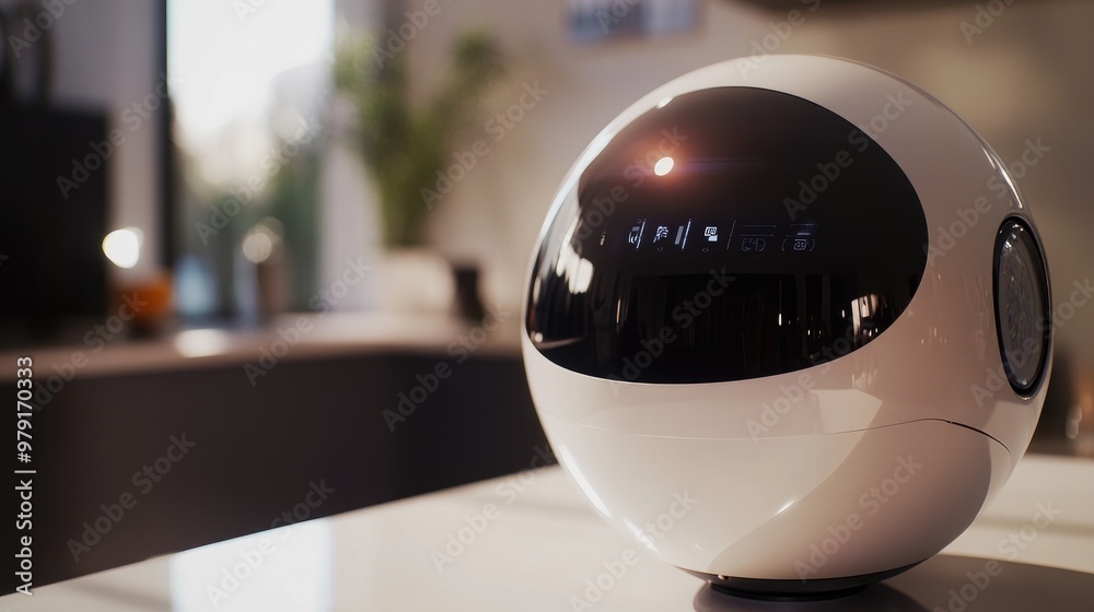 Poster a close-up of a spherical ai-powered robot, displaying its interactive interface as it manages house