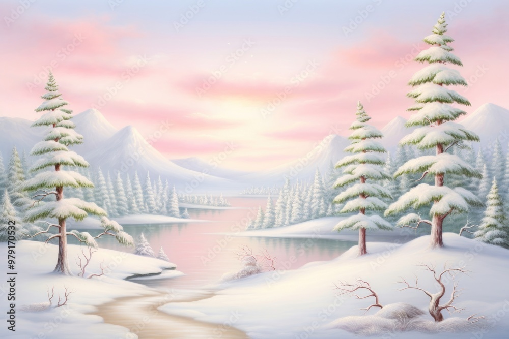 Sticker painting of winter border landscape outdoors nature.