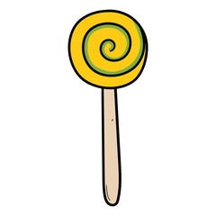 Hand drawn cartoon spiral lollipop on stick on white background.