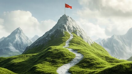 An inspiring 3D landscape showing a mountain with a flag on top, paths leading up marked by milestones of growth , Prime Lenses 