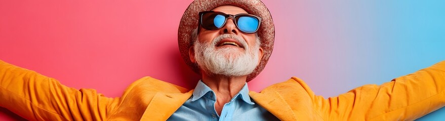 Senior man in yellow jacket and sunglasses, arms outstretched, colorful background	