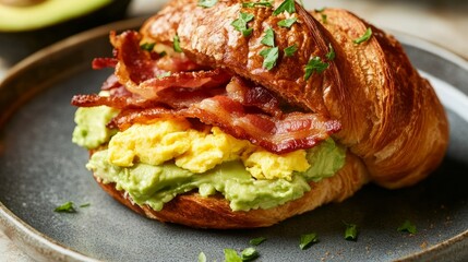 brunch sandwich made with croissants, mashed avocado, and crispy bacon.