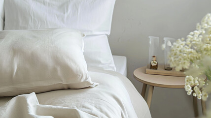 A cozy soft white bed with a bedside a close-up in daylight