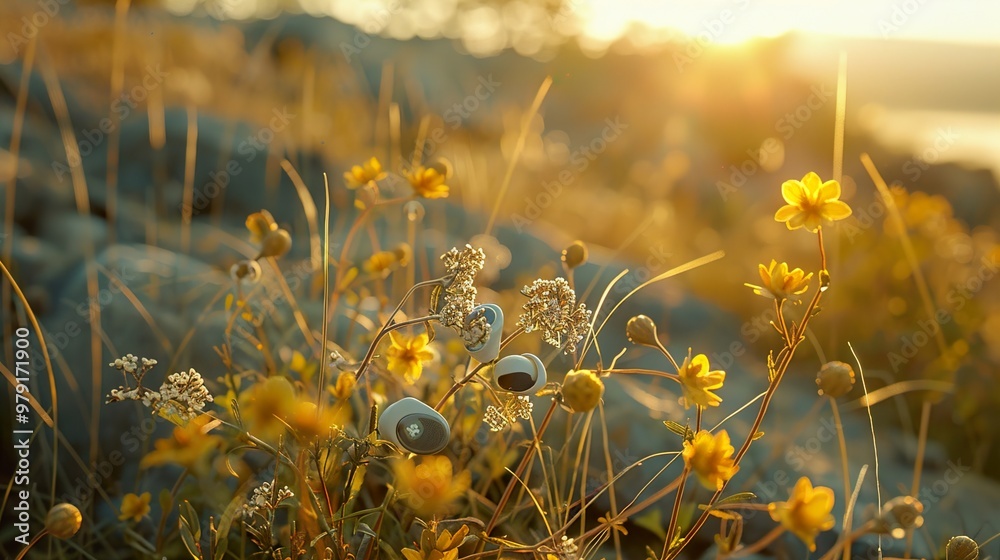 Wall mural golden hour wildflowers: a serene sunset landscape