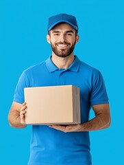 Delivery person in a blue uniform holds a package against a bright blue background smiling on a sunny day