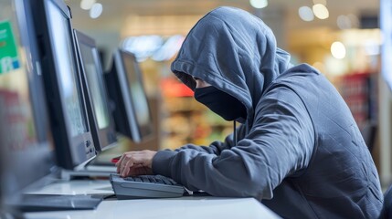 Cybercriminal in Hoodie Using Public Computer, Cybersecurity and Internet Crime Concept