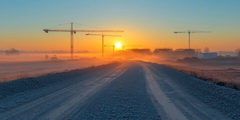atmospheric warm beautiful. The dawn is bright, the sky is clear blue, in the distance there are construction sites, cranes and beams, the building is being built.