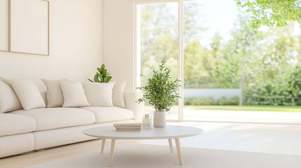 Modern Living Room Interior Design with White Sofa  Coffee Table and Plants