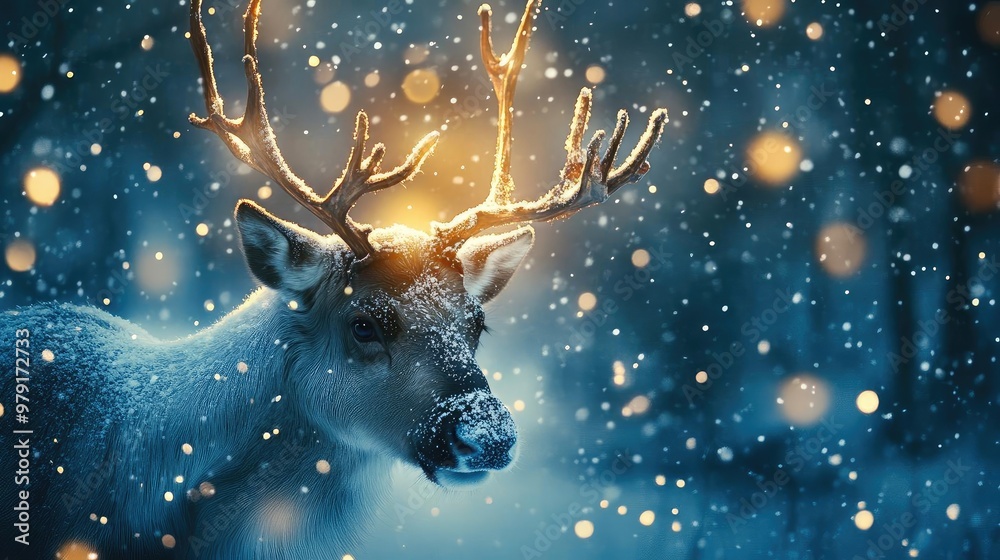 Poster a majestic reindeer standing in a snowy landscape, illuminated by soft golden lights, creating a mag