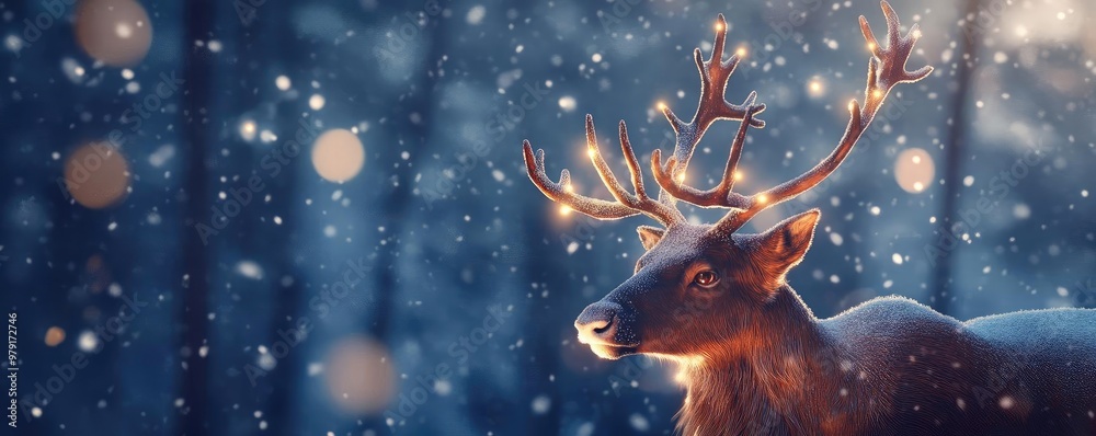 Poster a majestic deer adorned with lights stands gracefully in a snowy forest, creating a serene winter at