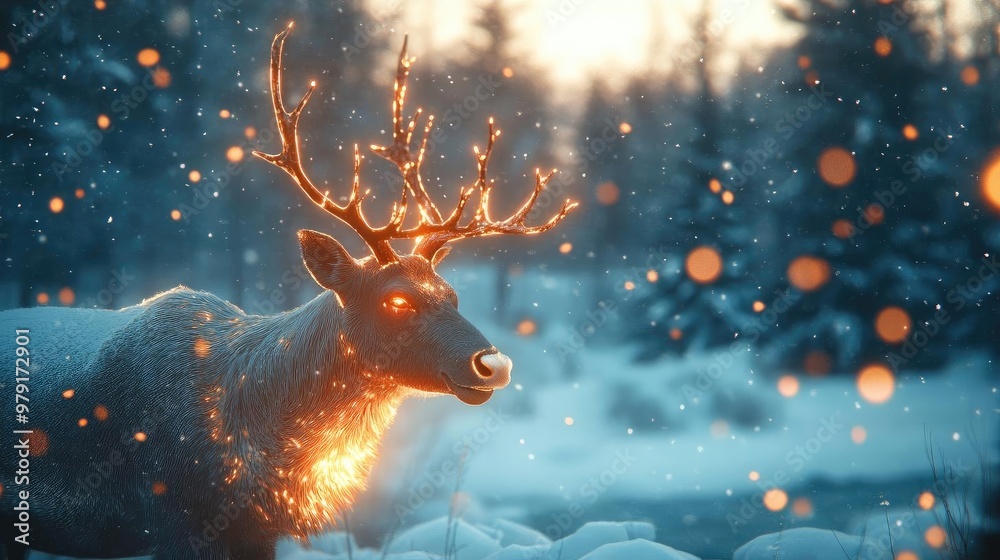 Poster A mystical deer illuminated by soft light, standing in a snowy landscape with magical sparkles and a serene atmosphere.