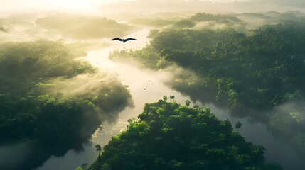 A bird's eye view of the misty forest, with an eagle soaring above it. The river flows through the valley surrounded by dense green trees