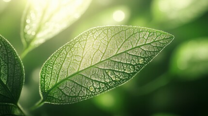 Close-Up of a Plant Leaf: Visible Stomata Opening and Closing, Faintly Glowing Chloroplasts, Fluid-Filled Veins, Blurred Background Leaves, Soft Natural Light, Sharp Focus on Stomata