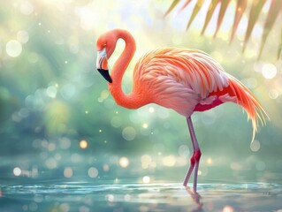 pink flamingo standing in shallow water with tropical vegetation in the background, bright daylight setting, Ai Generation