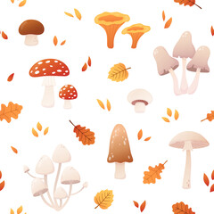Autumn seamless pattern with cartoon mushrooms and leaves. Fly agaric, toadstool, chanterelles. Porcini and champignon. Poisonous and edible mushrooms on white background. 