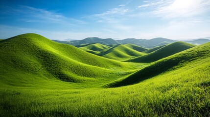 Obraz premium Rolling green hills under a clear blue sky, with sun shining on the horizon.