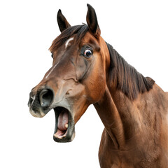 Obraz premium Brown horse making a surprised face with its mouth open wide, isolated on a white background
