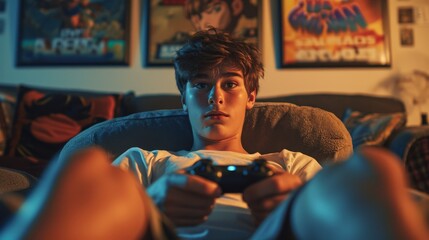 A young male gamer sits on a couch, intensely focused on playing video games with a controller in hand, surrounded by gaming posters.