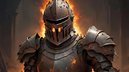 Naklejka premium Battle-Hardened Knight in Black Armor with Flames Rising Behind