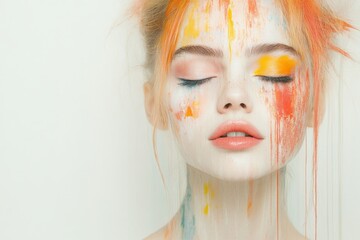 Fototapeta premium An artistic illustration of a woman with splashes of paint on her face, eyes closed, blending colors and expression in a modern, abstract style.
