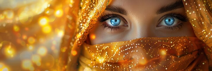 Captivating close-up of a woman with striking blue eyes, adorned in a shimmering gold scarf, radiating elegance and mystery.