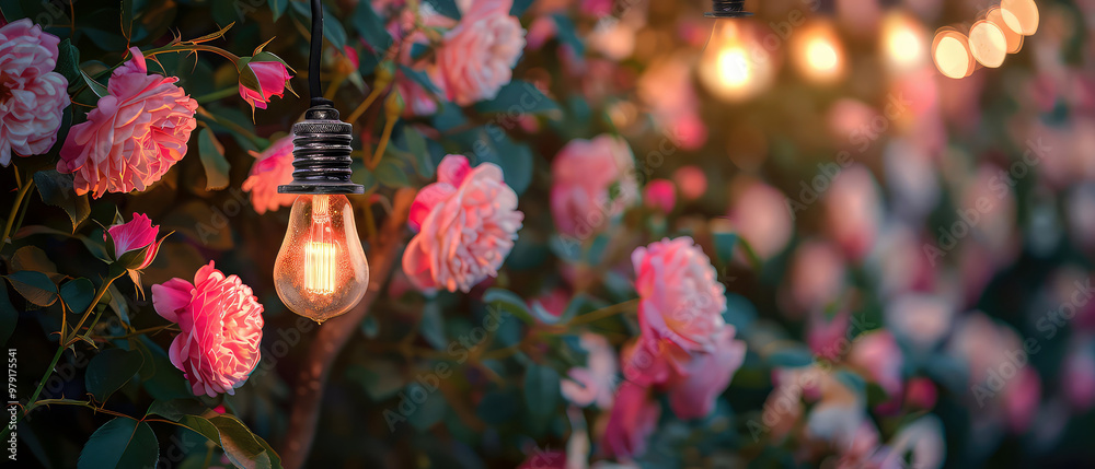 Wall mural botanical background with pink blooming roses, glowing string garlands, lantern at the evening garde