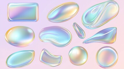 Holographic Glassy Shapes  Abstract Shapes  Iridescent Liquid  Fluid Design  Colorful 3D R