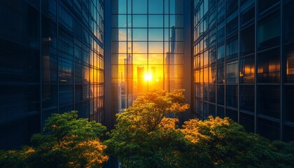 city view dawn sunset dark blue high tech office building trees and green vegetation