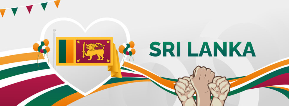 Sri Lanka Independence day banner. Latest horizontal poster with Sri Lanka flag, raised fist and typography. Great background for national day greeting cards, holidays, sport events and web header